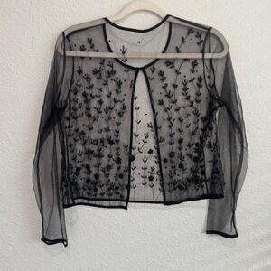 Y2K Sheer Black Embroidered Mesh Cardigan Beaded Floral Whimisgoth Fairycore
